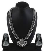 German silver oxidized traditional long pendant necklace set with jhumka earrings