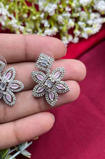 Classy flower stud earring cz diamond earrings ad mint pink indian earrings indian jewelry american diamond earrings