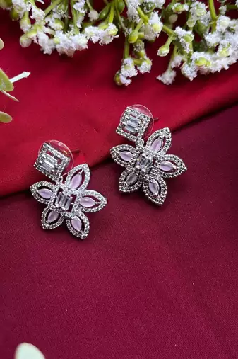 Classy flower stud earring cz diamond earrings ad mint pink indian earrings indian jewelry american diamond earrings