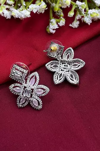 Classy flower stud earring cz diamond earrings ad mint pink indian earrings indian jewelry american diamond earrings