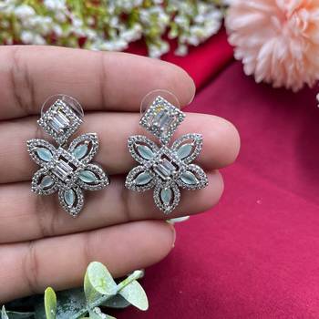 Classy flower stud earring cz diamond earrings mint green ad indian earrings indian jewelry american diamond earrings 1