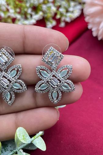 Classy flower stud earring cz diamond earrings mint green ad indian earrings indian jewelry american diamond earrings