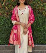 Cream Colour Premium Roman Silk Hand Work A-Line kurta set