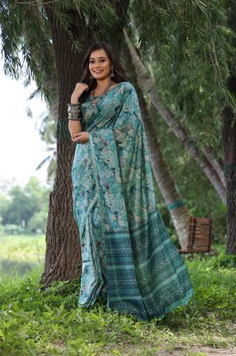 Teal Desi Tussar Silk Saree With Printed Pattern Pallu And Zari Weaving Border With Blouse