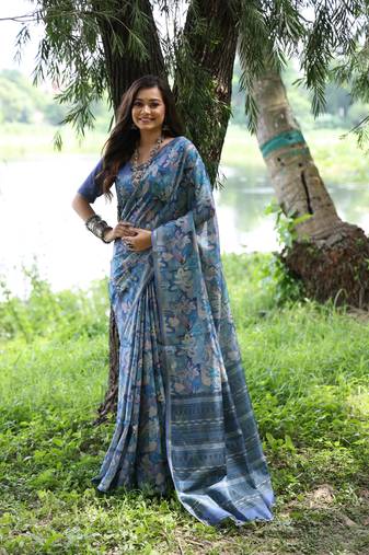 Blue Desi Tussar Silk Saree With Printed Pattern Pallu And Zari Weaving Border With Blouse