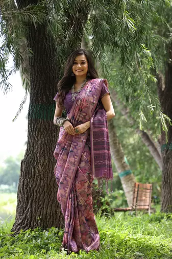 Purple Desi Tussar Silk Saree With Printed Pattern Pallu And Zari Weaving Border With Blouse