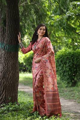 Red Desi Tussar Silk Saree With Printed Pattern Pallu And Zari Weaving Border With Blouse 2