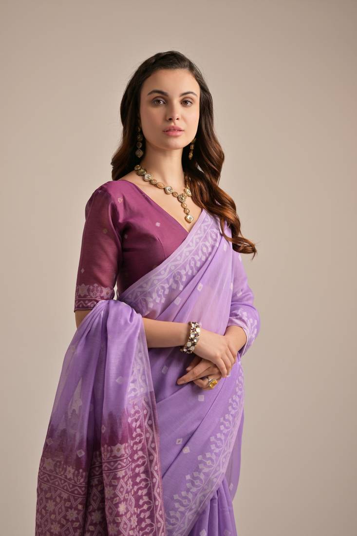 Lavender Soft Muga Cotton Saree With Weaving Border And Resham Weaving Pallu With Blouse