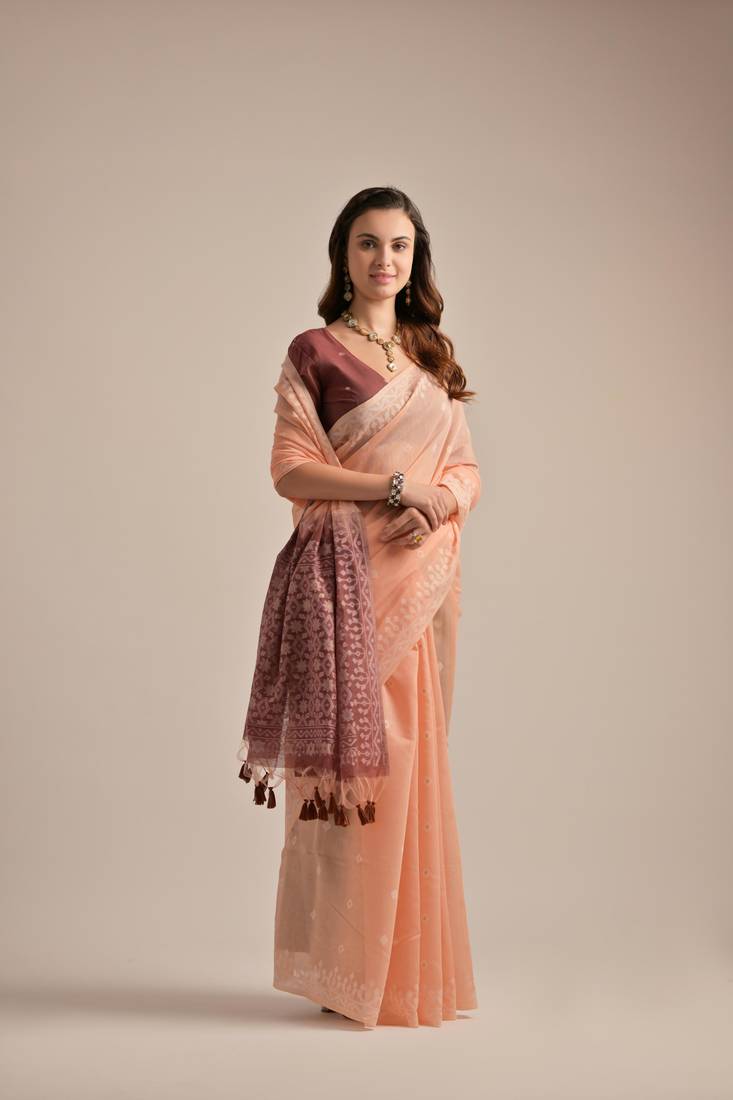 Peach Soft Muga Cotton Saree With Weaving Border And Resham Weaving Pallu With Blouse
