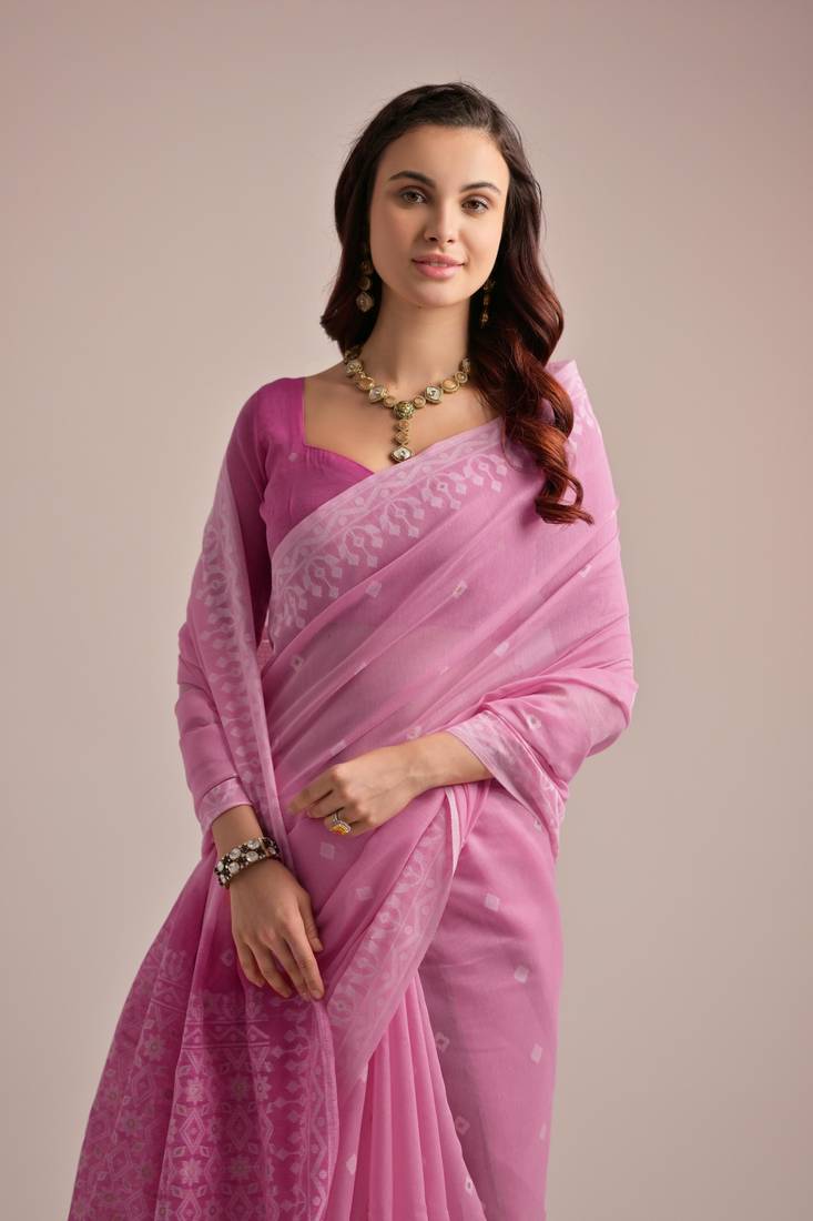 Pink Soft Muga Cotton Saree With Weaving Border And Resham Weaving Pallu With Blouse