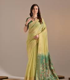 Lemon Yellow Soft Muga Cotton Saree With Weaving Border And Resham Weaving Pallu With Blouse