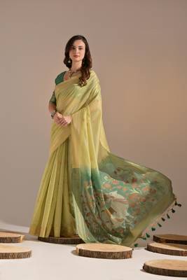 Lemon Yellow Soft Muga Cotton Saree With Weaving Border And Resham Weaving Pallu With Blouse 2