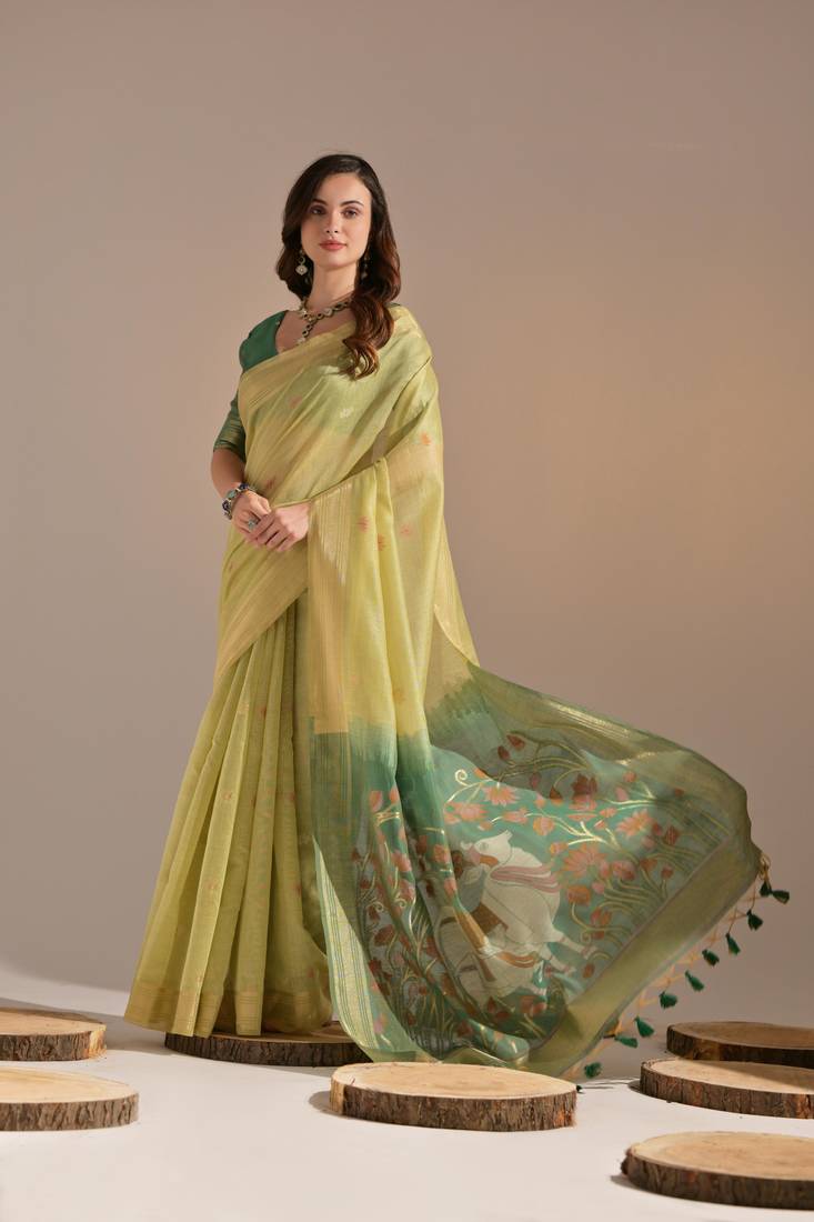 Lemon Yellow Soft Muga Cotton Saree With Weaving Border And Resham Weaving Pallu With Blouse