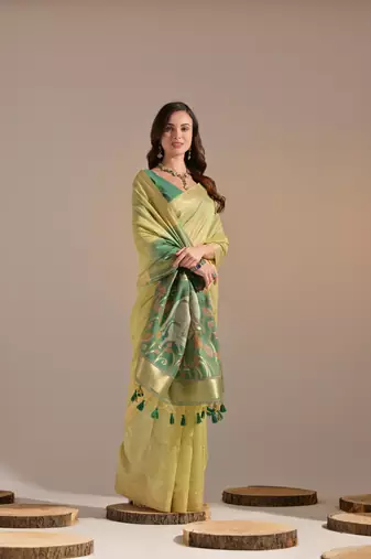 Lemon Yellow Soft Muga Cotton Saree With Weaving Border And Resham Weaving Pallu With Blouse