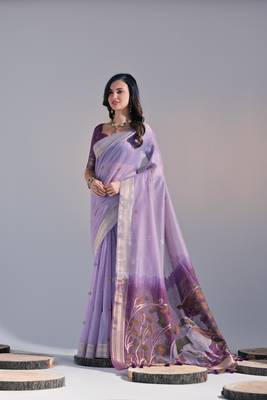 Lavender Soft Muga Cotton Saree With Weaving Border And Resham Weaving Pallu With Blouse 1