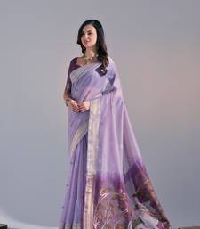 Lavender Soft Muga Cotton Saree With Weaving Border And Resham Weaving Pallu With Blouse