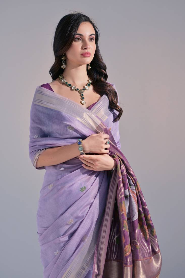 Lavender Soft Muga Cotton Saree With Weaving Border And Resham Weaving Pallu With Blouse
