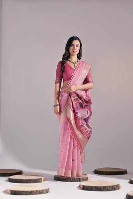 Pink Soft Muga Cotton Saree With Weaving Border And Resham Weaving Pallu With Blouse 1