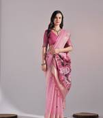 Pink Soft Muga Cotton Saree With Weaving Border And Resham Weaving Pallu With Blouse