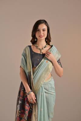 Green Soft Muga Cotton Saree With Weaving Border And Resham Weaving Pallu With Blouse 3