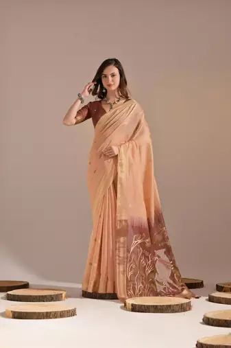 Peach Soft Muga Cotton Saree With Weaving Border And Resham Weaving Pallu With Blouse
