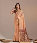 Peach Soft Muga Cotton Saree With Weaving Border And Resham Weaving Pallu With Blouse