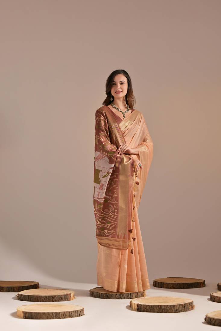 Peach Soft Muga Cotton Saree With Weaving Border And Resham Weaving Pallu With Blouse