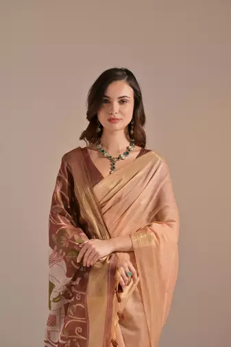 Peach Soft Muga Cotton Saree With Weaving Border And Resham Weaving Pallu With Blouse