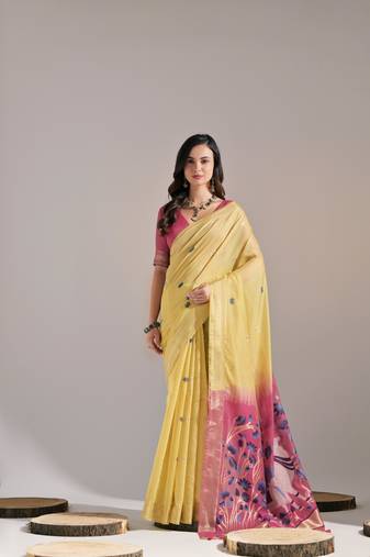 Yellow Soft Muga Cotton Saree With Weaving Border And Resham Weaving Pallu With Blouse