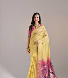 Yellow Soft Muga Cotton Saree With Weaving Border And Resham Weaving Pallu With Blouse