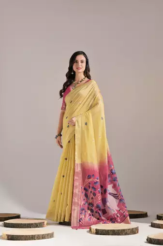 Yellow Soft Muga Cotton Saree With Weaving Border And Resham Weaving Pallu With Blouse