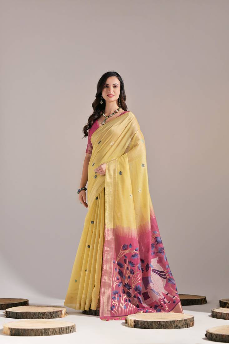 Yellow Soft Muga Cotton Saree With Weaving Border And Resham Weaving Pallu With Blouse