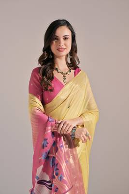 Yellow Soft Muga Cotton Saree With Weaving Border And Resham Weaving Pallu With Blouse 3