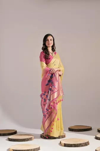 Yellow Soft Muga Cotton Saree With Weaving Border And Resham Weaving Pallu With Blouse