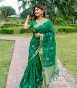 Green Linen Silk Saree With Jamdani Type Weaving Border And Zari Weaving Pallu With Blouse