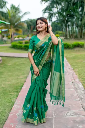 Green Linen Silk Saree With Jamdani Type Weaving Border And Zari Weaving Pallu With Blouse