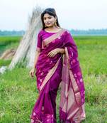Magenta Linen Silk Saree With Jamdani Type Weaving Border And Zari Weaving Pallu With Blouse