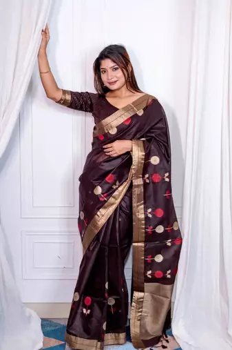 Dark Brown Linen Silk Saree With Jamdani Type Weaving Border And Zari Weaving Pallu With Blouse