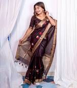 Dark Brown Linen Silk Saree With Jamdani Type Weaving Border And Zari Weaving Pallu With Blouse