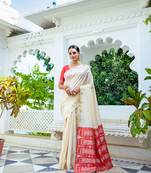 White Soft Tussar Silk Saree With Silver And Copper Weaves Border And Ikkat Pallu With Blouse