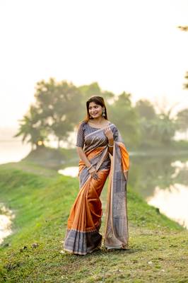 Orange Soft Tussar Silk Saree With Beautiful Madhubani Print Pallu With Blouse 1