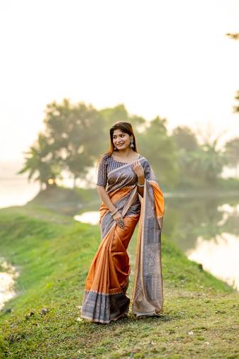 Orange Soft Tussar Silk Saree With Beautiful Madhubani Print Pallu With Blouse