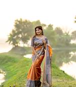Orange Soft Tussar Silk Saree With Beautiful Madhubani Print Pallu With Blouse