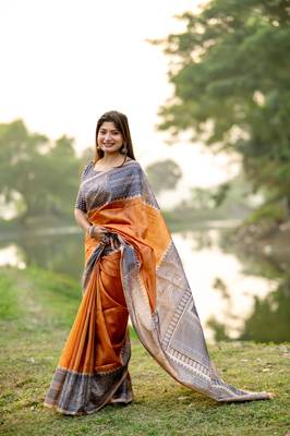 Orange Soft Tussar Silk Saree With Beautiful Madhubani Print Pallu With Blouse 2
