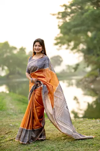 Orange Soft Tussar Silk Saree With Beautiful Madhubani Print Pallu With Blouse