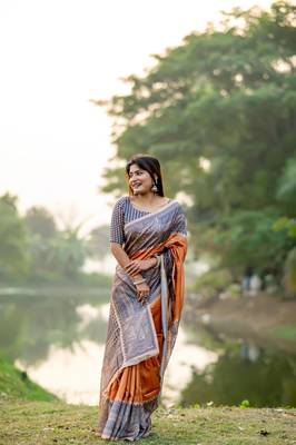 Orange Soft Tussar Silk Saree With Beautiful Madhubani Print Pallu With Blouse 3