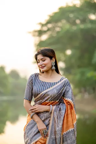 Orange Soft Tussar Silk Saree With Beautiful Madhubani Print Pallu With Blouse