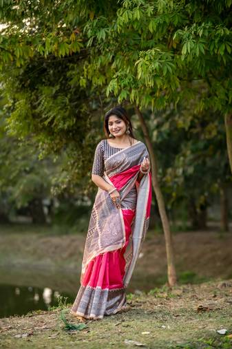 Pink Soft Tussar Silk Saree With Beautiful Madhubani Print Pallu With Blouse