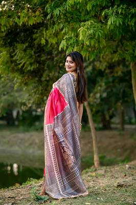 Pink Soft Tussar Silk Saree With Beautiful Madhubani Print Pallu With Blouse 2