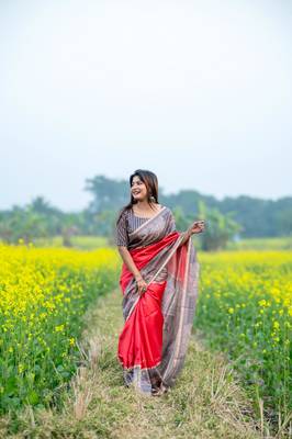 Red Soft Tussar Silk Saree With Beautiful Madhubani Print Pallu With Blouse 1